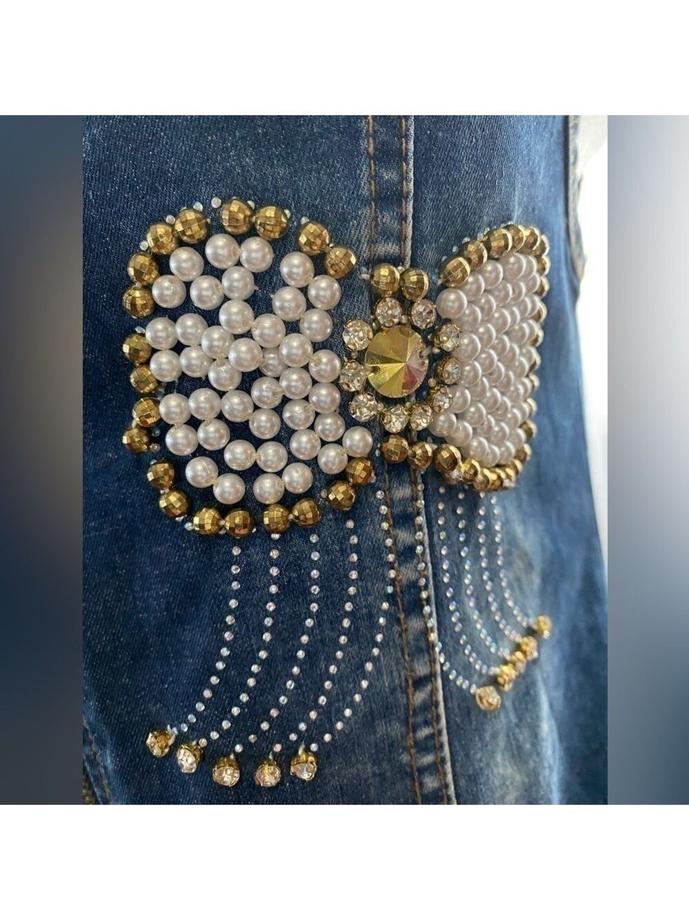 Y2k DENIM MINI DRESS EMBROIDERED BUTTERFLIES RHINESTONES MADE IN EUROPE - Picture 4 of 16